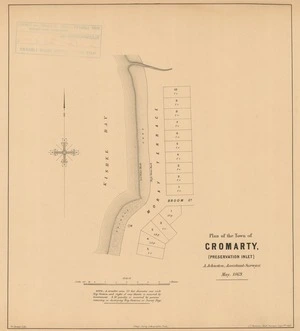 Plan of the town of Cromarty, (Preservation Inlet) [electronic resource] A. Johnston, assistant surveyor, May 1869 ; W. Spreat, lith.