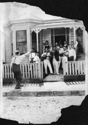 Group in front of Mr & Mrs Mastrogeorgiou's house, Edge Hill, Mount Victoria, Wellington