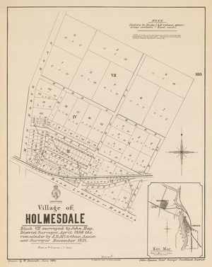 Village of Holmesdale [electronic resource] : Block VII surveyed by John Hay, District Surveyor, April 1886, the remainder by J.D. McArthur, Assistant Surveyor December 1871 ; drawn by W. Deverell, June 1886.