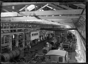 Petone Railway Workshops. Interior view of the Erecting Shop, ca 1900s.
