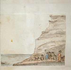 [Taylor, Richard], 1805-1873 :[Maoris in front of cliff. 1840-1860s].