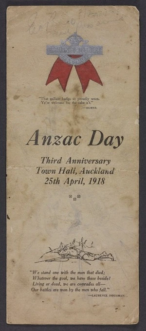 Anzac Day; third anniversary. Town Hall, Auckland, 25th April 1918. Programme, smoke concert. Brett Printing Co. Ltd, Auckland 22861 [1918]