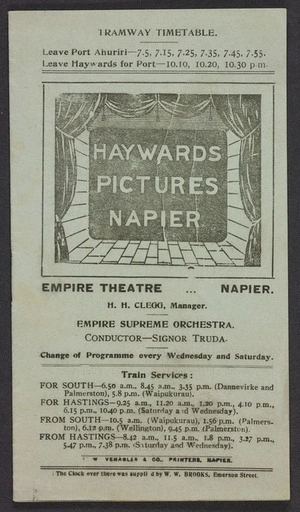 Empire Theatre (Napier): Haywards Pictures Napier. Empire Theatre Napier. Programme commencing September 21st 1916. [G] W Venables & Co., Printers, Napier [1916]