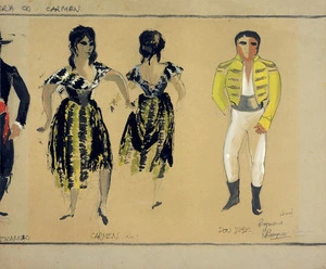 Boyce, Raymond Stanley, 1928-2019 :N[ew] Z[ealand] Opera Co. "Carmen" [by Bizet. Costume designs for] Escamillo, Carmen (Kiri), Don Jose (Don) [1969].
