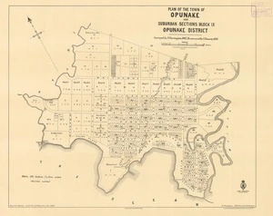Plan of the town of Opunake and suburban sections Block IX Opunake district [electronic resource] / surveyed by N. Carrington, 1867 ; resurveyed by C. Finnerty, 1880 ; drawn by J Homan, add'ns &c. by W. Gordon, Dec. 1904.