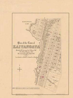 Plan of the town of Kaitangata [electronic resource] / Blocks 1 to 19 surveyed by J. Moran, 1861, 27 to 33 by N. Prentice, 1873, the remainder by W.J. Hall, 1876 ; drawn by F.W. Flanagan.