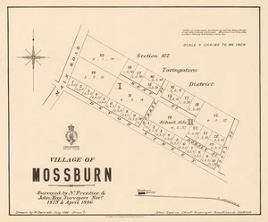 Village of Mossburn [electronic resource] surveyed by N. Prentice & John Hay, surveyors, Nov. 1879 & April 1886 ; drawn by W. Deverell.