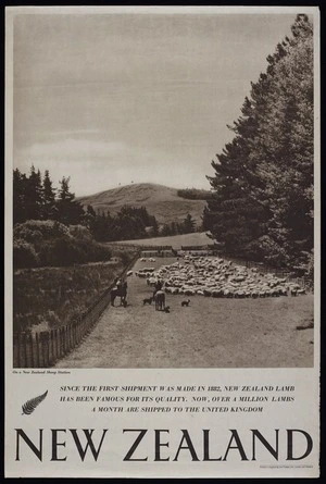 [New Zealand Government Tourist Department] :New Zealand. On a New Zealand sheep station. Since the first shipment was made in 1882, New Zealand lamb has been famous for its quality. Now, over a million lambs a month are shipped to the United Kingdom. Printed in England by Sun Printers Ltd., London and Watford [1940s]
