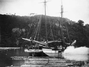 Price, William Archer, d 1948 : Sailing ship Rangi at Whangaparapara Harbour, Great Barrier Island, unloading logs for the Whangaparapara mill