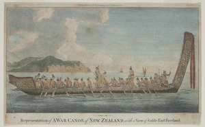 Parkinson, Sydney, 1745-1771 :Representation of a war canoe of New Zealand, with a view of Gable End Foreland. / Prattent sculp. London, Alexr. Hogg, [1784?]