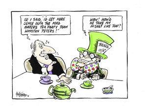 Hubbard, James, 1949- :"So I said 'I'd get more sense outa the Mad Hatter's tea party than Winston Peters!' 7 November 2013