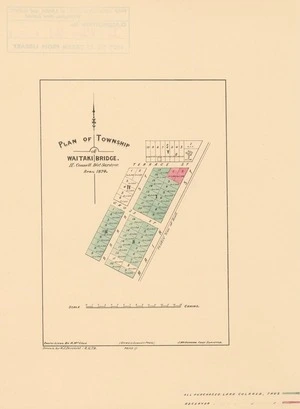 Plan of township of Waitaki Bridge [electronic resource] / Henry Connell, Dist. surveyor, April 1874 ; drawn by W.J. Percival, 8.6.74.