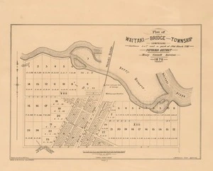 Plan of Waitaki Bridge township [electronic resource] / Henry Connell, surveyor, 1875 ; drawn by W.J. Percival, June 11th 1875.