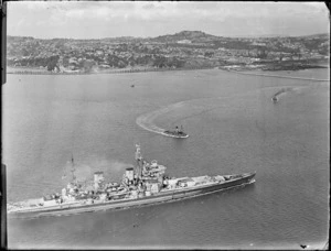 Ship HMS Howe starboard side view, coming in to Auckland Harbour