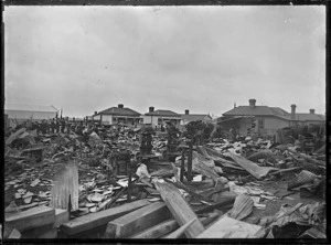 Part 2 of a 2 part panorama showing the aftermath of a fire at Cook's Cooperage, Petone, 14 January 1914.