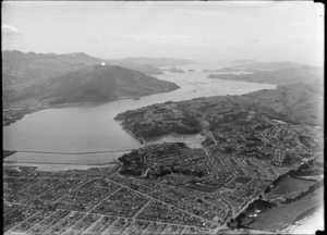 View of South Dunedin City to Dunedin Harbour and the suburbs of Waverley and Ravensbourne beyond, Otago