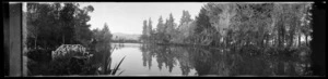 Large ornamental lake surrounded by trees at `Fernside', near Featherston