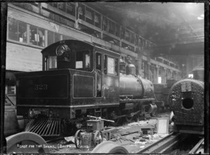 Wd class steam locomotive, NZR 323, in the erecting shop at Petone Railway Workshops.