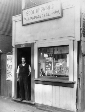 George Papageorge at his shoe repair business, Dixon Street, Wellington