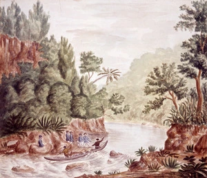 Smith, Stephenson Percy, 1840-1922: Scene on the Mokau River, Jan. 7, 1858