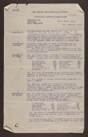 Orders for the evacuation of the New Zealand and Australian Division from Anzac