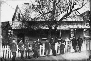 Soldiers of the Colonial Defence Force outside the officers quarters in Wanganui