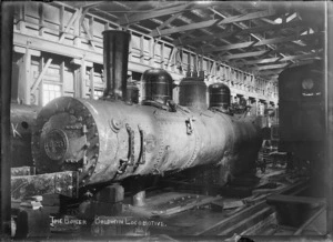The boiler for Wd class steam locomotive, NZR 323, in the erecting shop at Petone Railway Workshops.
