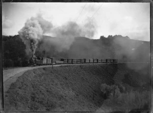 Goods train pulled by a "Wd" class locomotive, on a bend near Upper Hutt on the Rimutaka Line.