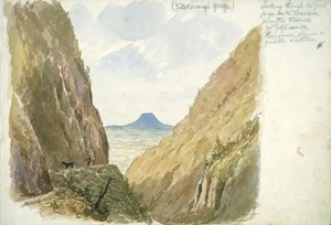 [Ryan, Thomas], 1864-1927 :Titokorangi Gorge; looking through the first gorge in the Urewera country towards Mt Edgecumbe, Kaingaroa Plains in the middle distance. [1891].