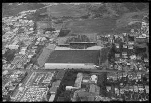 Aerial view of Athletic Park in Wellington showing crowd gathering in the Millard Stand