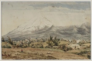 Arden, Francis Hamar, 1842-1899 :[Mount Taranaki with farmhouse and sheep farm, ca 1870]