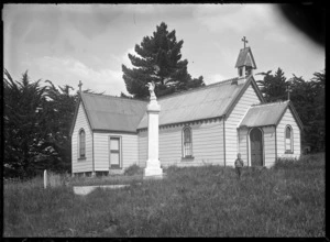 Exterior view of a church at Puketeraki, ca 1925