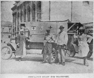 Group, including Nurse Hickey, alongside an ambulance in Wellington, during the influenza epidemic