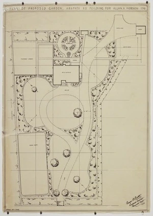 Buxton, Trevor Sidney, 1901-1948 :Plan of proposed garden, Arapata Rd Feilding, for Allan A. Hobson Esq. 10/4/41