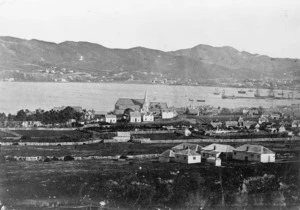 View across Thorndon, Wellington, taking in Old St Pauls, Wellington Harbour, and part of Mount Victoria