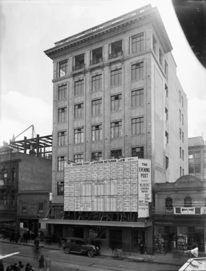 The Evening Post Building Wellington showing 1928 election returns