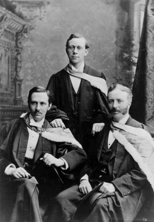 Dr Frederic Truby King, Dr Charles Lamont and Dr Biggam, in academic robes, after their graduation from Edinburgh University