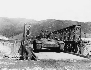 New Zealand. Military training - Tank crossing a Bailey bridge