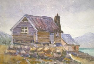Artist unknown :At Island Bay. The last of the fishermen's huts. 1905. J. S.