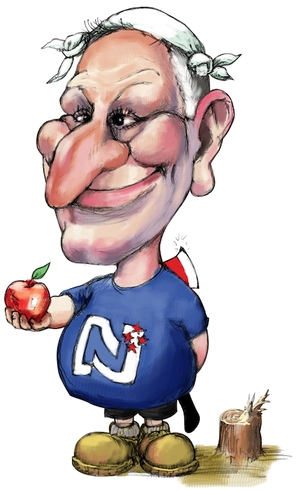 [John Key with an apple and an axe]. 17 July 2010