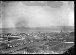 View of the Petone Railway Workshops looking towards Wellington Harbour, from Korokoro.