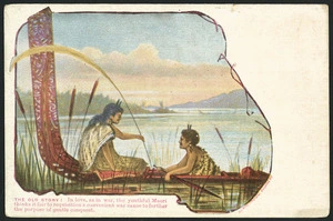 Willis, Archibald Duddington (Firm) :The old story! In love as in war, the youthful Maori thinks it fair to requisition a convenient war canoe to further the purpose of gentle conquest. A D Willis, lithographer, Wanganui, N.Z. [ca 1890s]