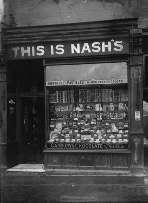 Shop front of Walter Nash's confectionery store at Selly Oak, Birmingham, England