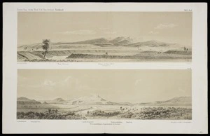 Hochstetter, Ferdinand von, 1829-1884 :Pirongia am Waipa, 2830 F. von Osten gesehen. Terrassenbildung in Ongaruhethale bei Katiaho. Dr F. Hochstetter del. Lang lith. [Wien, 1864]