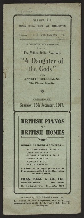 Grand Opera House Wellington: J C Williamson Ltd in conjunction with William Fox present the million dollar spectacle "A daughter of the gods", with Annette Kellermann [sic], the picture beautiful. Commencing Saturday 15th December 1917. Published by N.Z. Programme Co. Evening Post Print [1917]
