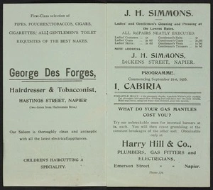 [Empire Theatre (Napier)]: Georges des Forges, J H Simmons, Cabiria, Harry Hill & Co [Programme commencing September 21st 1916. Pages 1 and 2]