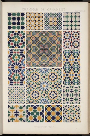 The grammar of ornament / by Owen Jones. Illustrated by examples from various styles of ornament. One hundred folio plates, drawn on stone by F. Bedford, and printed in colours by Day and Son..