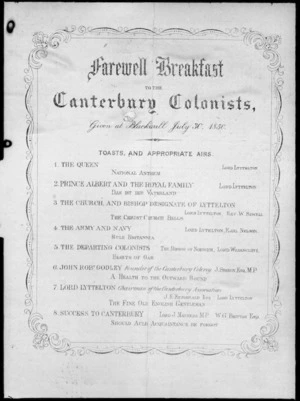 Toast card for the farewell breakfast given for colonists departing England for Canterbury, New Zealand