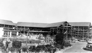 Scaffolding around the Iona College buildings where the damaged brick walls were being repaiired after the Napier earthquake