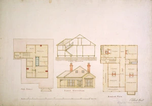 Tait, Robert 1830-1926 :[Ground plan, roof plan, cross section and elevation of one-and-a-half storey house. 1870-1890s].